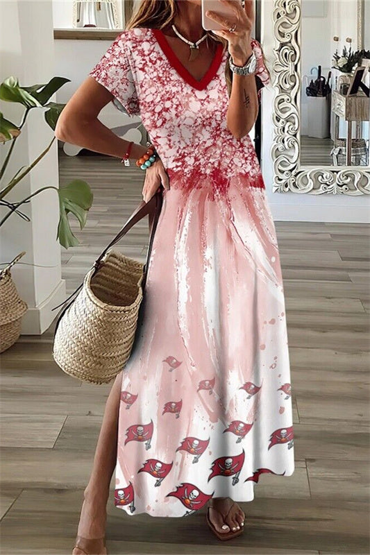 Tampa Bay Buccaneers V-Neck Side Slit Long Dress AZBTVSD000295