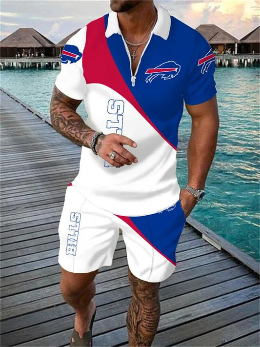 Buffalo Bills Zip Polo Shirt And Shorts Men AZPLZ014
