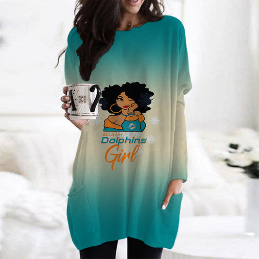 Miami Dolphins Casual Long Sleeve Pocket Dress AZBTLSPD000018