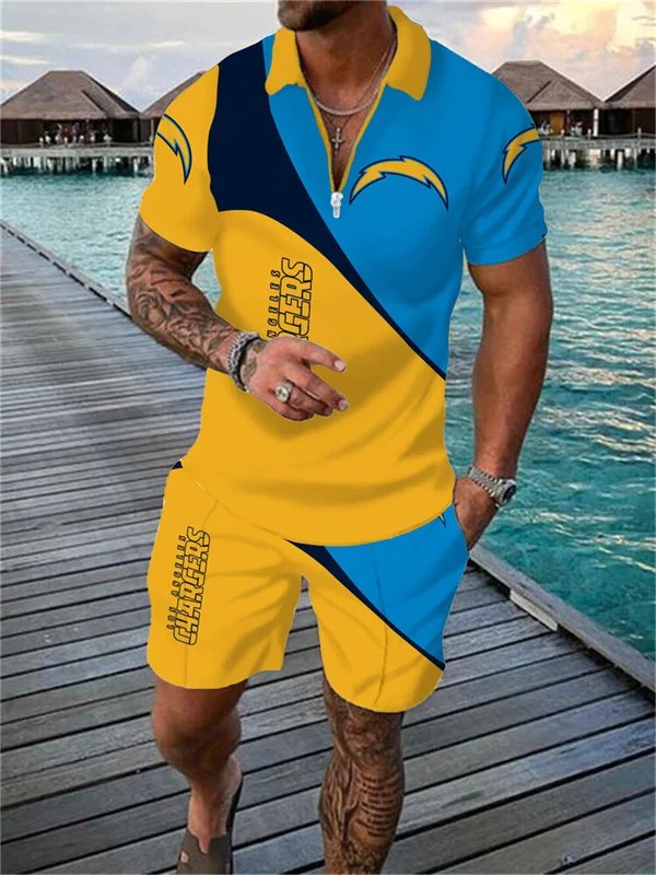 Los Angeles Chargers Zip Polo Shirt And Shorts Men AZPLZ065