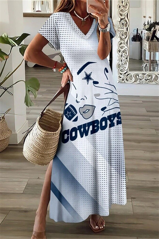 Dallas Cowboys V-Neck Side Slit Long Dress AZBTVSD000254