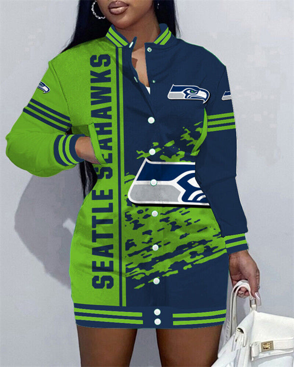 Seattle Seahawks Women Button Down Jacket Dress AZBTBDJD000149