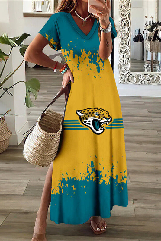 Jacksonville Jaguars V-Neck Side Slit Long Dress AZBTVSD000335