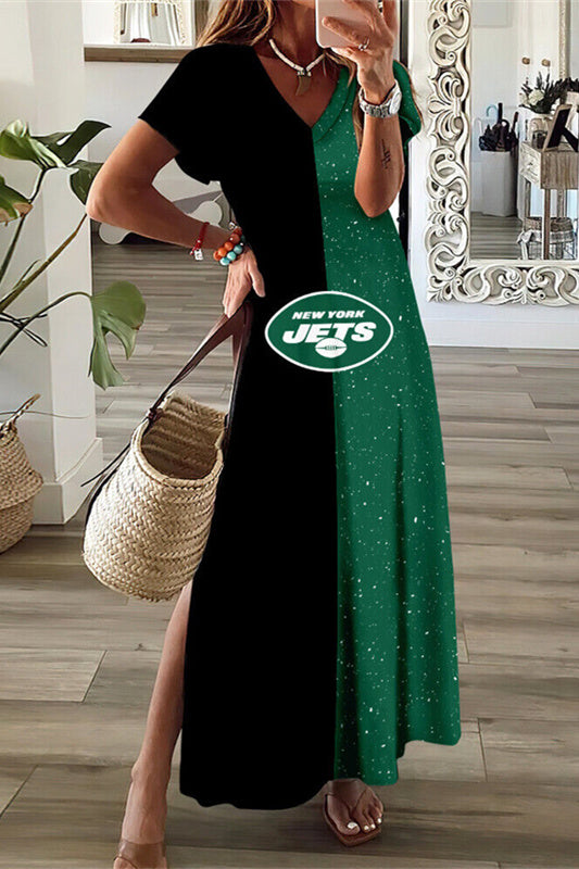New York Jets V-Neck Side Slit Long Dress AZBTVSD000240