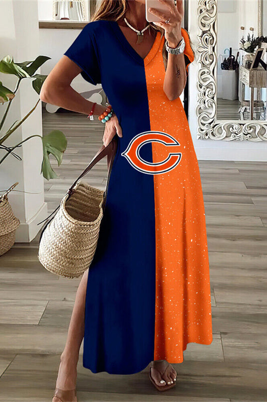 Chicago Bears V-Neck Side Slit Long Dress AZBTVSD000449