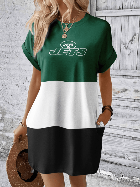 New York Jets Women Hidden Pocket Batwing Casual Dress AZDDBWCD000064