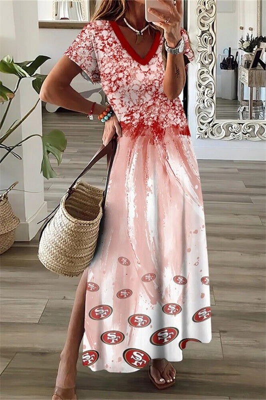 San Francisco 49ers V-Neck Side Slit Long Dress AZBTVSD000472