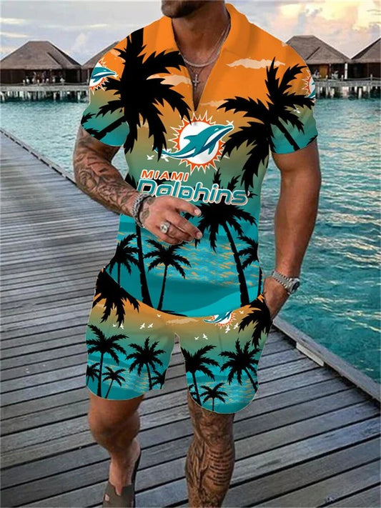 Miami Dolphins Zip Polo Shirt And Shorts Men AZPLZ143