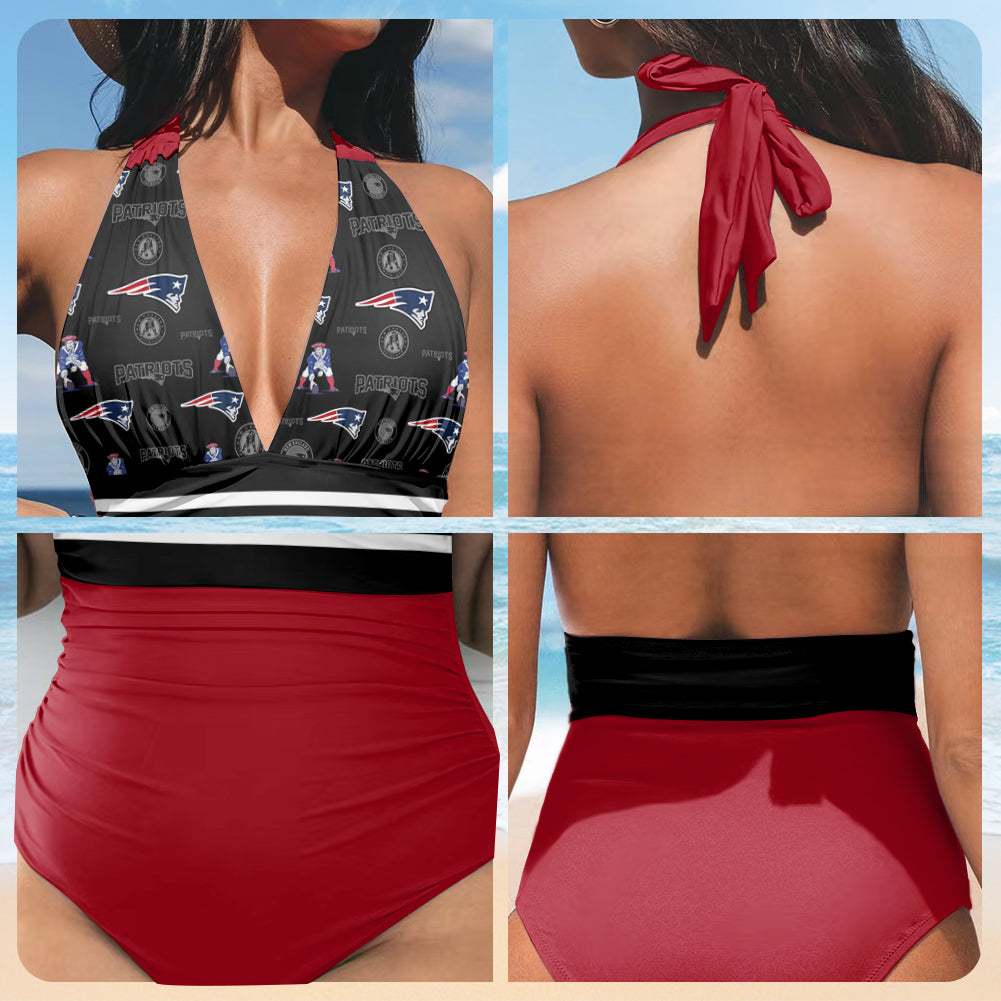 New England Patriots Printed Halter Neck One piece Swimsuit 001