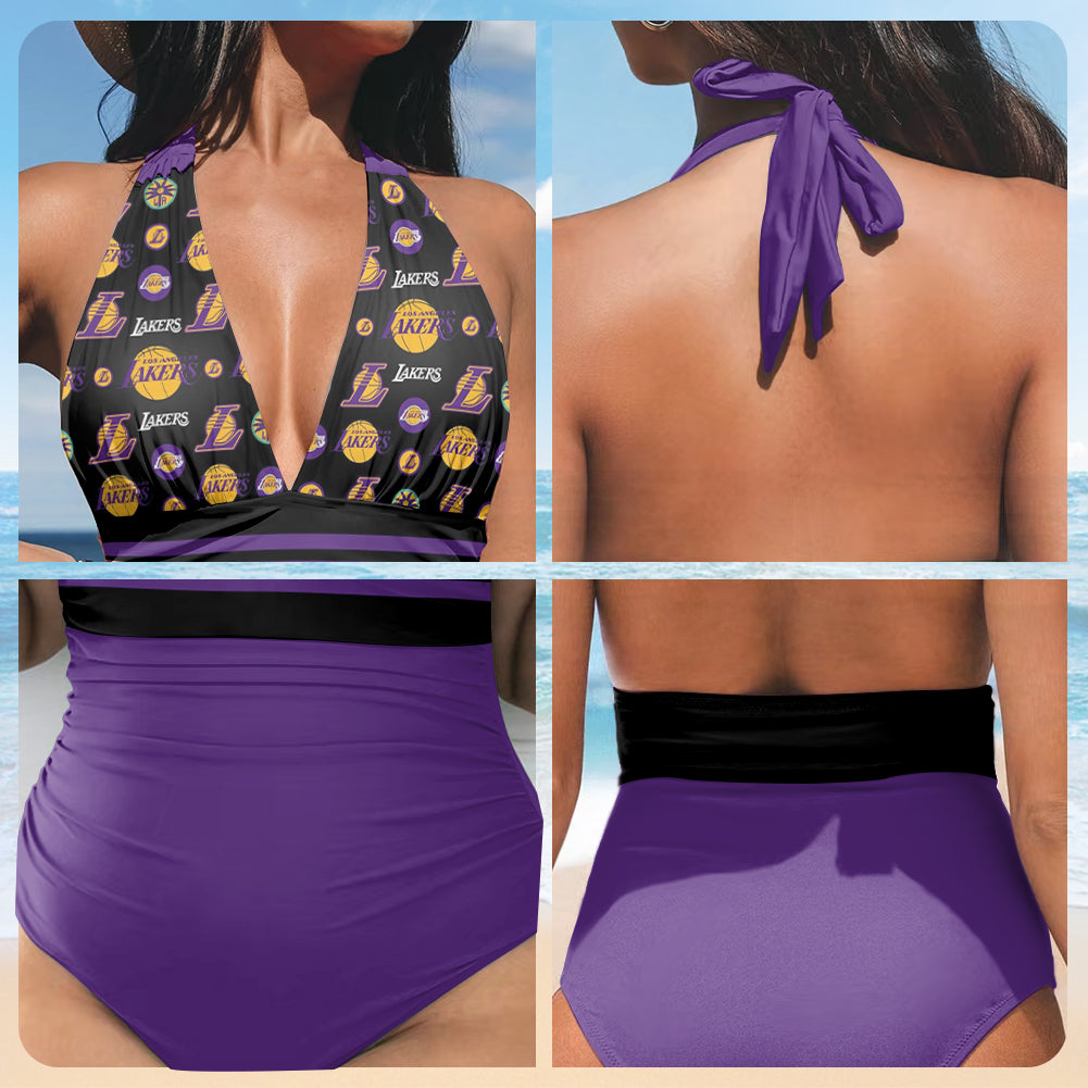 Los Angeles Lakers Printed Halter Neck One piece Swimsuit 003