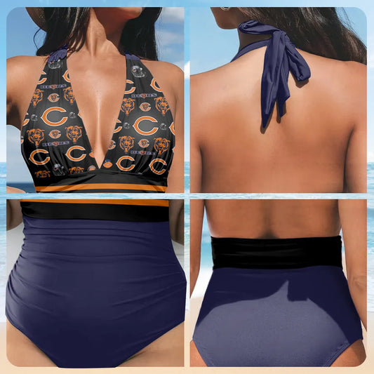 Chicago Bears Printed Halter Neck One piece Swimsuit 004