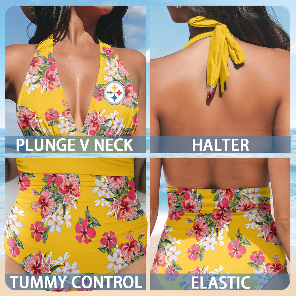 Pittsburgh Steelers Printed Halter Neck One piece Swimsuit 007