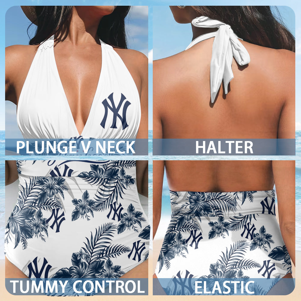 New York Yankees Printed Halter Neck One piece Swimsuit 010