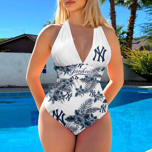 New York Yankees Printed Halter Neck One piece Swimsuit 010