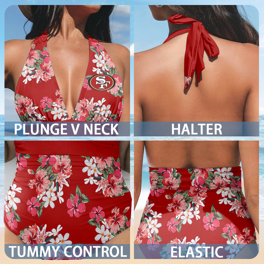 San Francisco 49ers Printed Halter Neck One piece Swimsuit 011