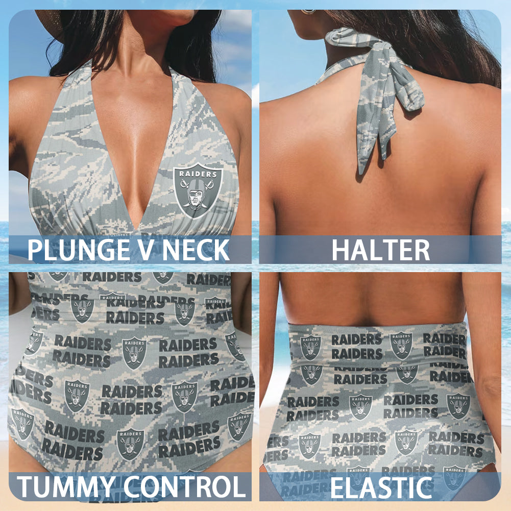 Las Vegas Raiders Printed Halter Neck One piece Swimsuit 014