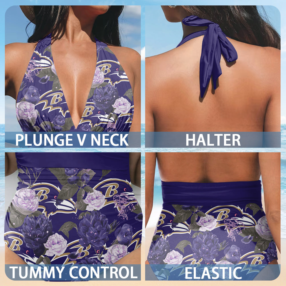 Baltimore Ravens Printed Halter Neck One piece Swimsuit 016