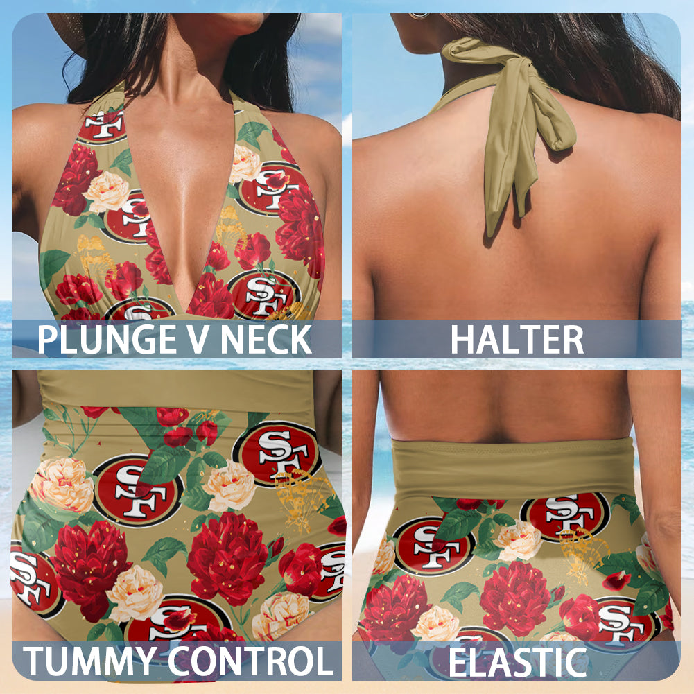 San Francisco 49ers Printed Halter Neck One piece Swimsuit 019
