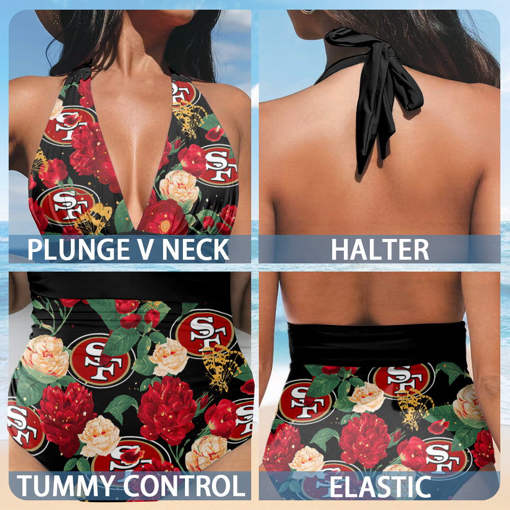 San Francisco 49ers Printed Halter Neck One piece Swimsuit 020