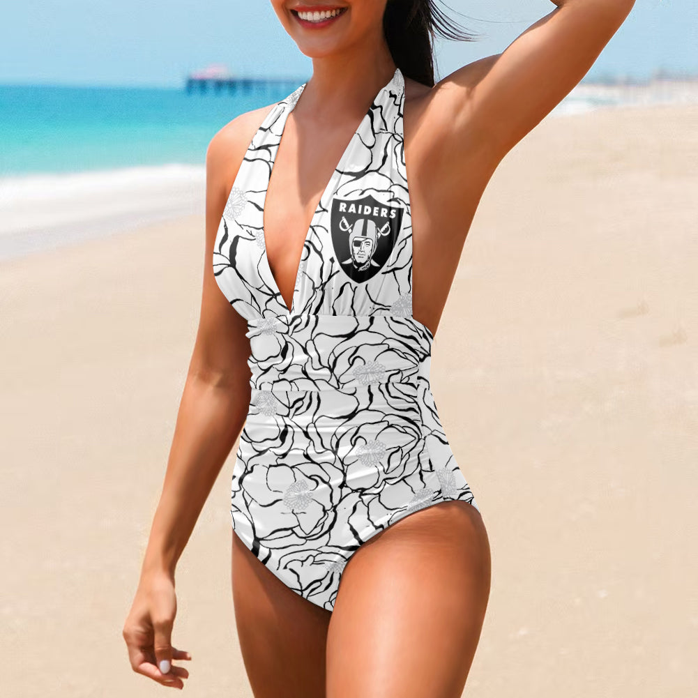 Las Vegas Raiders Printed Halter Neck One piece Swimsuit 027