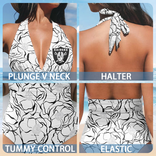 Las Vegas Raiders Printed Halter Neck One piece Swimsuit 027