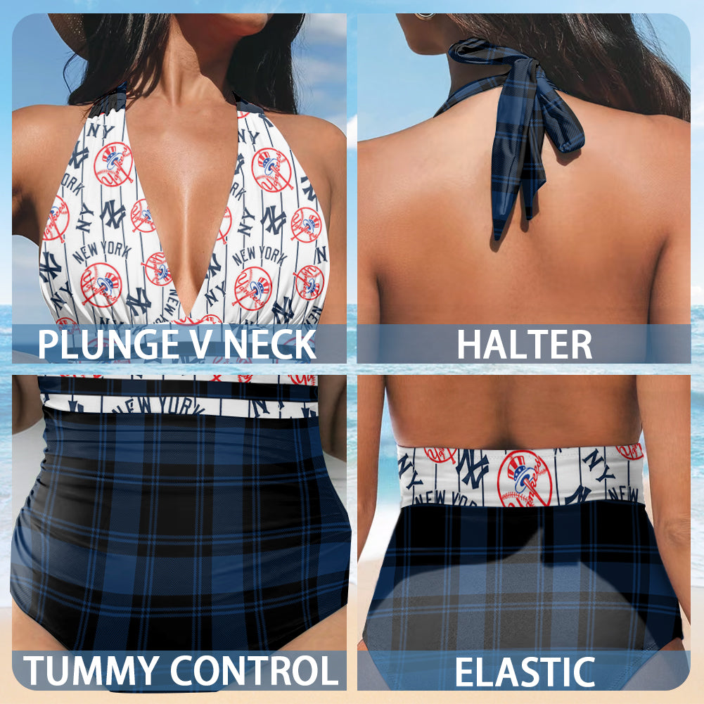 New York Yankees Printed Halter Neck One piece Swimsuit 034