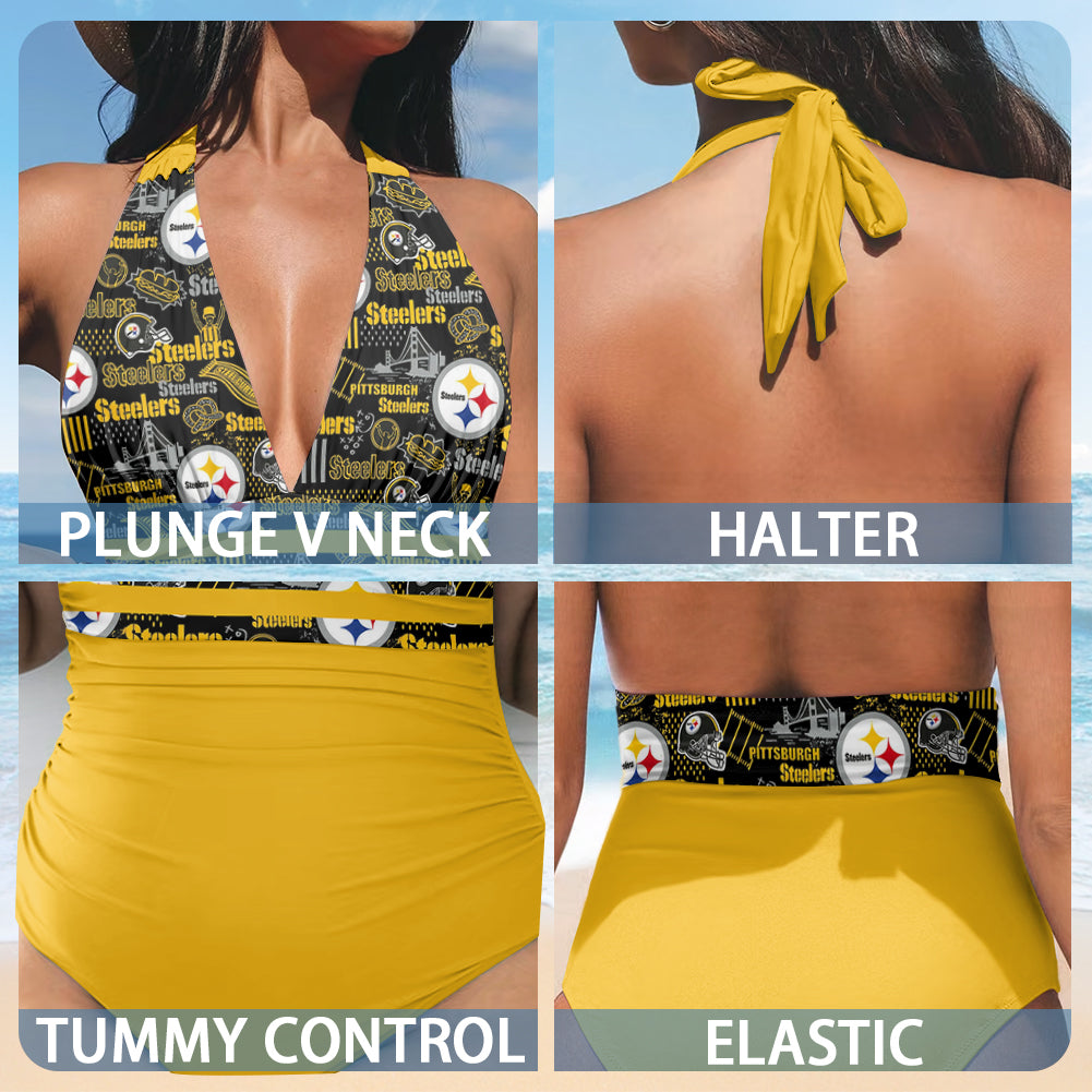 Pittsburgh Steelers Printed Halter Neck One piece Swimsuit 035