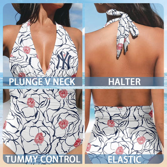 New York Yankees Printed Halter Neck One piece Swimsuit 036