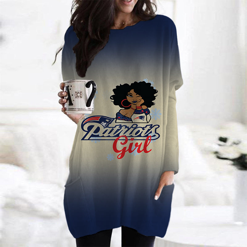 New England Patriots Casual Long Sleeve Pocket Dress AZBTLSPD000061