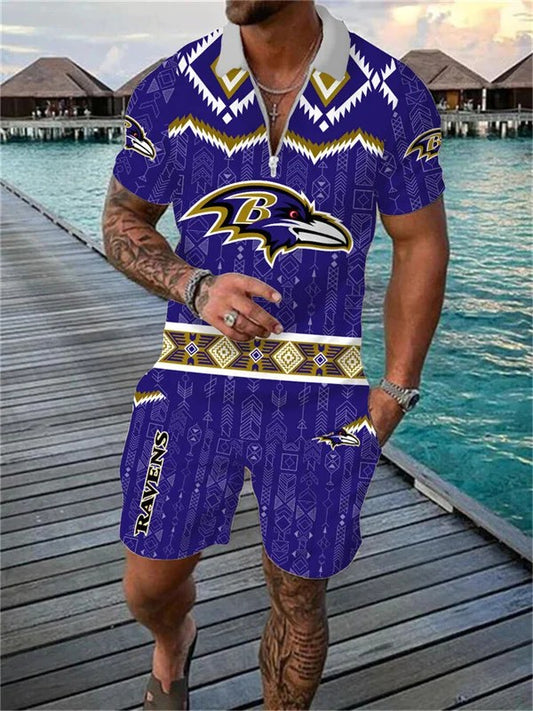 Baltimore Ravens Zip Polo Shirt And Shorts Men AZPLZ181