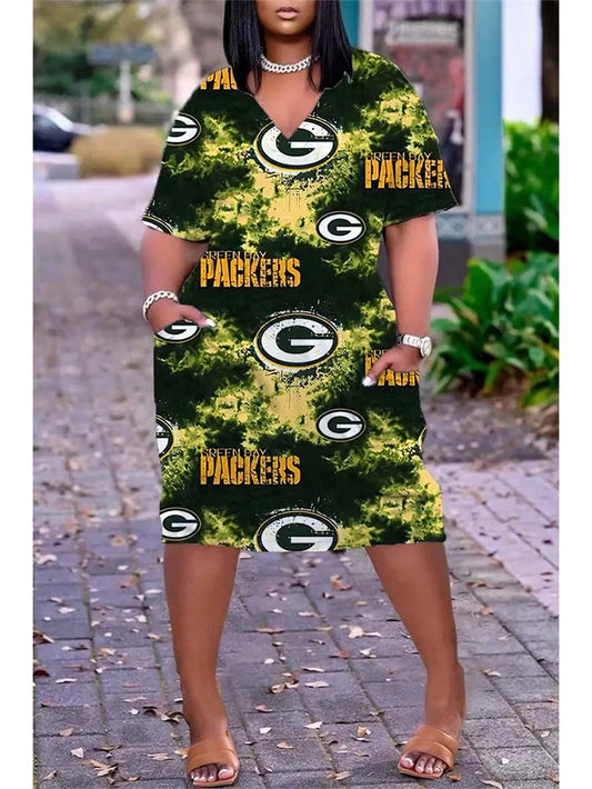 Green Bay Packers V-neck Casual Pocket Dress Limited Edition AZBTVCPD000415