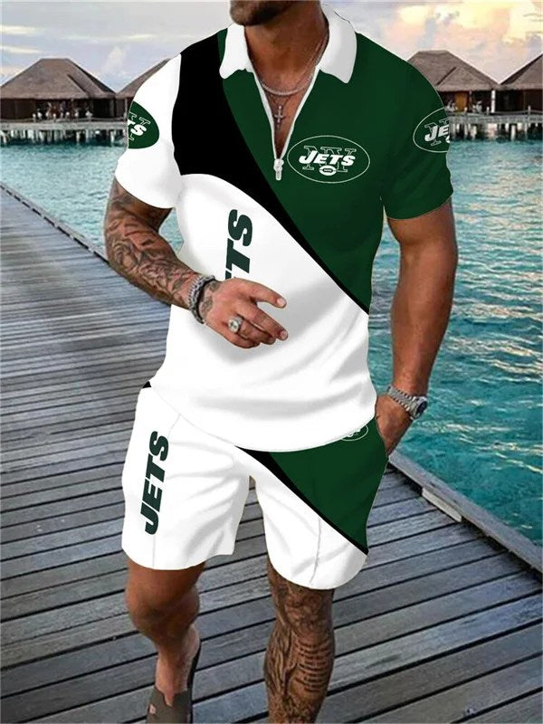 New York Jets Zip Polo Shirt And Shorts Men AZPLZ068