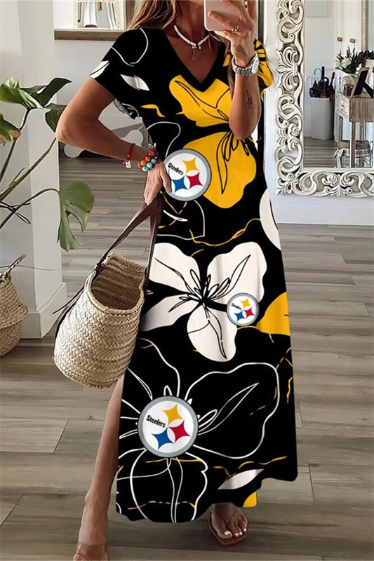 Pittsburgh Steelers V-Neck Side Slit Long Dress AZBTVSD000175