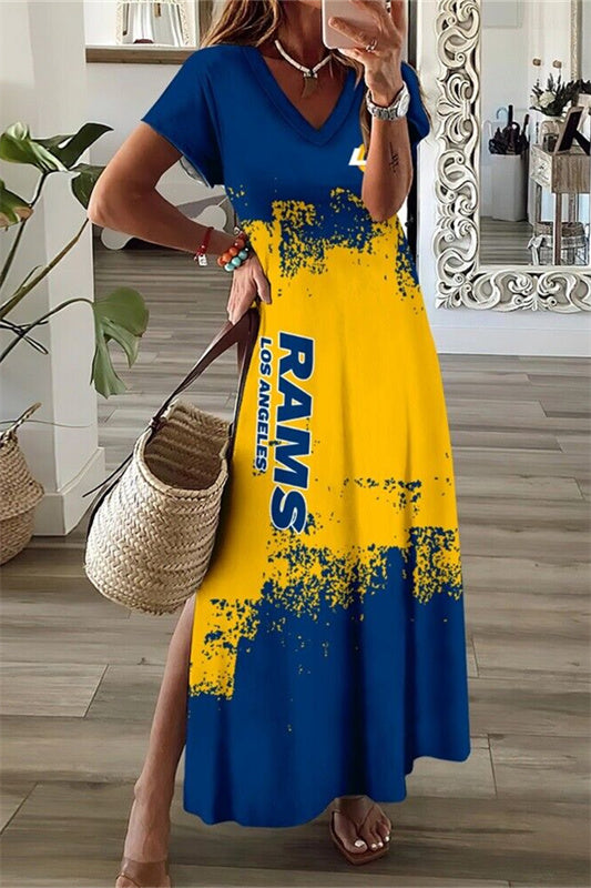 Los Angeles Rams V-Neck Side Slit Long Dress AZBTVSD000351