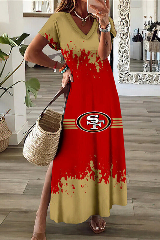 San Francisco 49ers V-Neck Side Slit Long Dress AZBTVSD000309