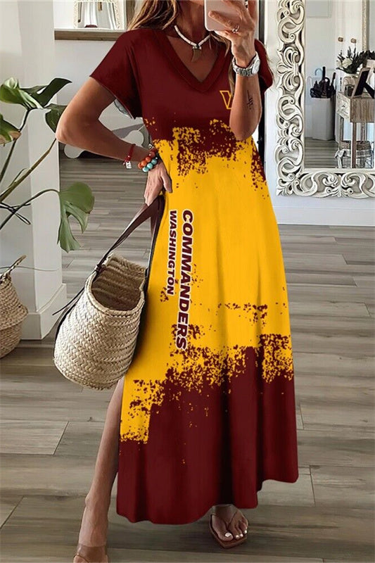 Washington Commanders V-Neck Side Slit Long Dress AZBTVSD000320