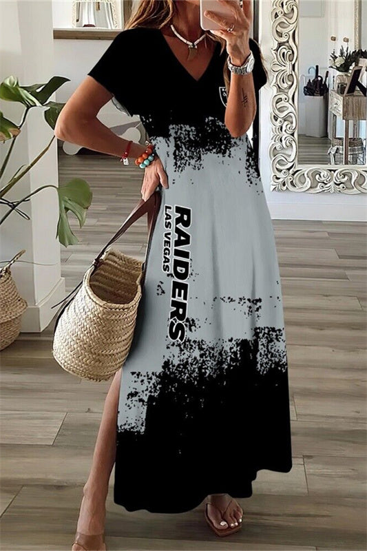 Las Vegas Raiders V-Neck Side Slit Long Dress AZBTVSD000326