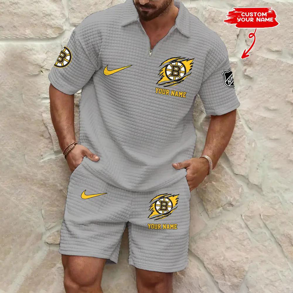 Boston Bruins Men’s Waffle Pattern Half Zipper Shirt And Shorts AZBT2DWSS000018