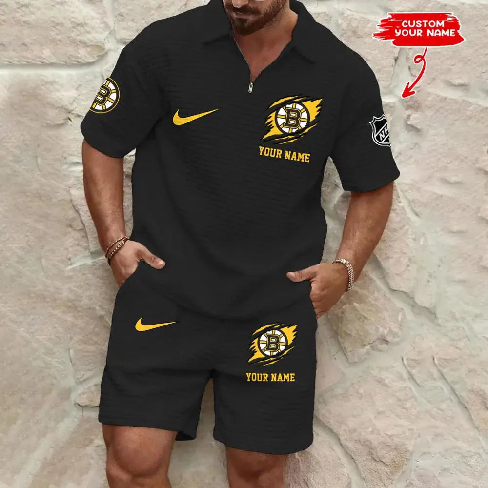 Boston Bruins Men’s Waffle Pattern Half Zipper Shirt And Shorts AZBT2DWSS000018