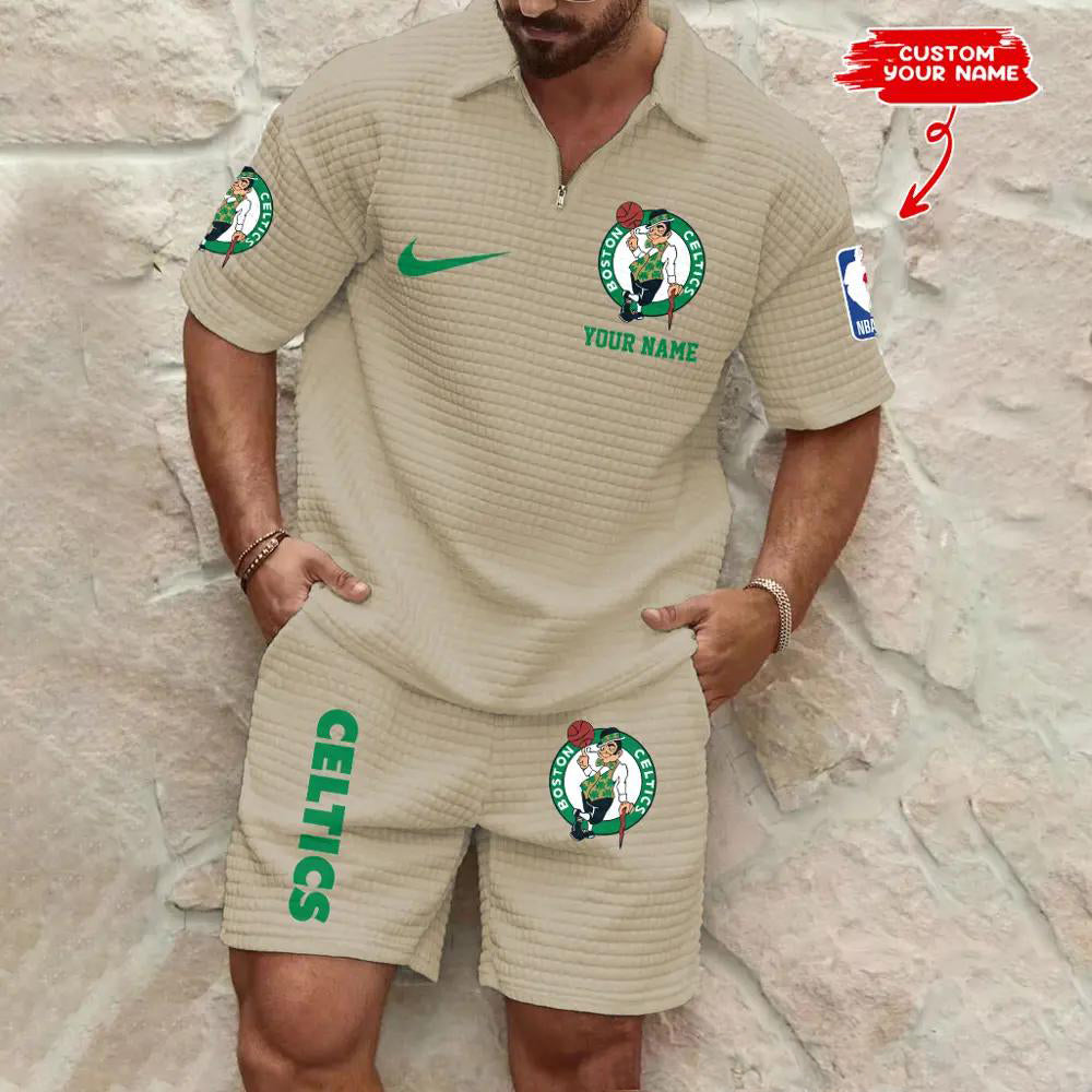 Boston Celtics Men’s Waffle Pattern Half Zipper Shirt And Shorts AZBT2DWSS000019