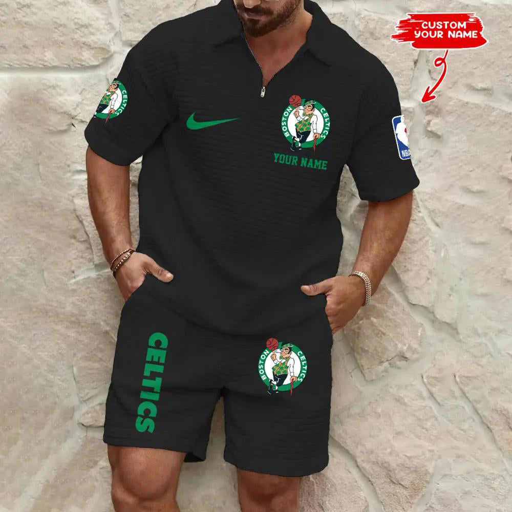 Boston Celtics Men’s Waffle Pattern Half Zipper Shirt And Shorts AZBT2DWSS000019
