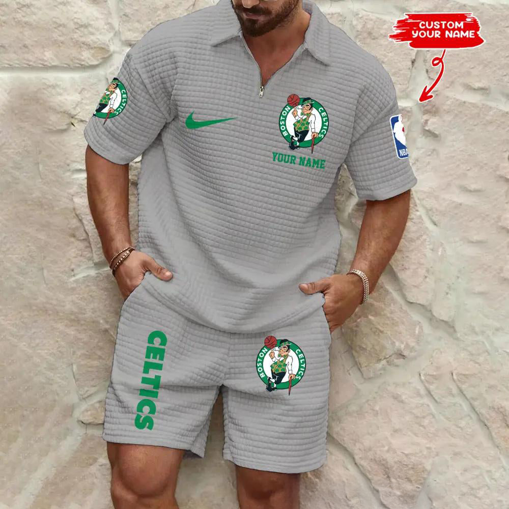 Boston Celtics Men’s Waffle Pattern Half Zipper Shirt And Shorts AZBT2DWSS000019