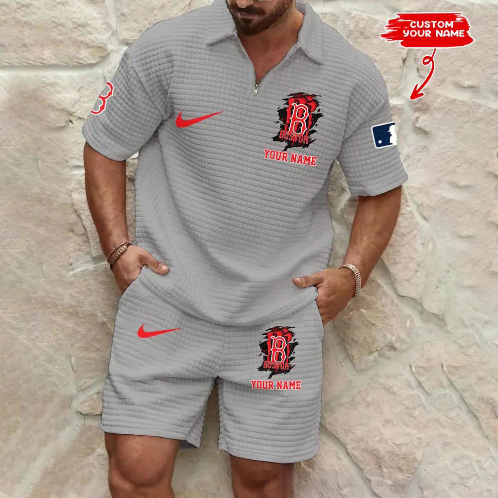 Boston Red Sox Men’s Waffle Pattern Half Zipper Shirt And Shorts AZBT2DWSS000020
