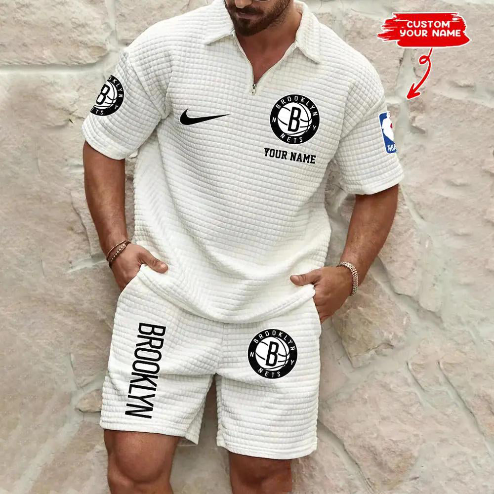 Brooklyn Nets Men’s Waffle Pattern Half Zipper Shirt And Shorts AZBT2DWSS000021