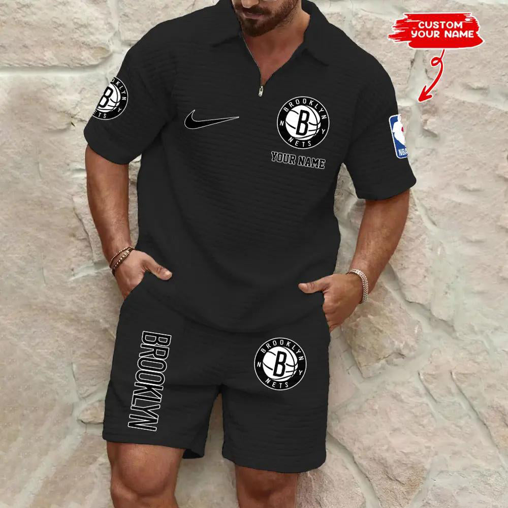 Brooklyn Nets Men’s Waffle Pattern Half Zipper Shirt And Shorts AZBT2DWSS000021