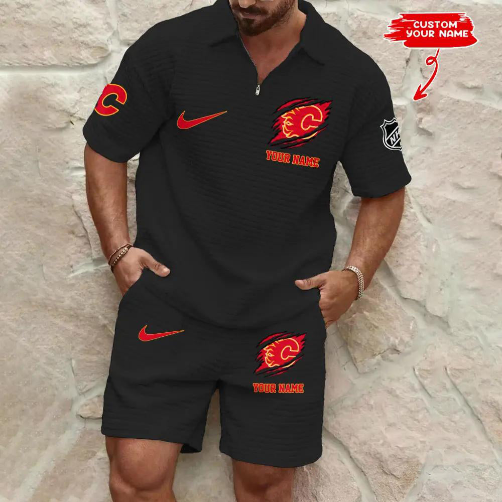 Calgary Flames Men’s Waffle Pattern Half Zipper Shirt And Shorts AZBT2DWSS000027
