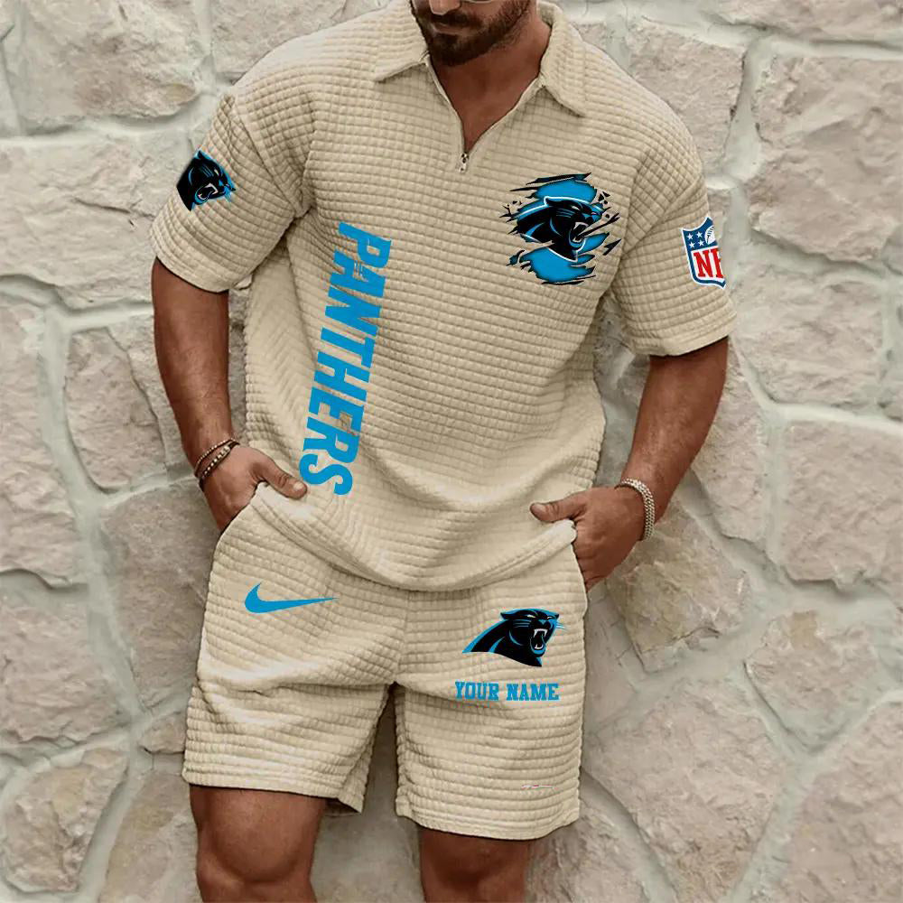 Carolina Panthers Men’s Waffle Pattern Half Zipper Shirt And Shorts AZBT2DWSS000031