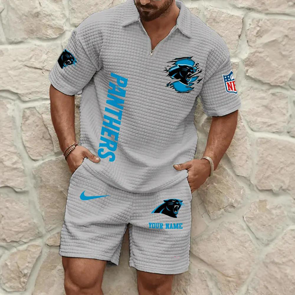 Carolina Panthers Men’s Waffle Pattern Half Zipper Shirt And Shorts AZBT2DWSS000031