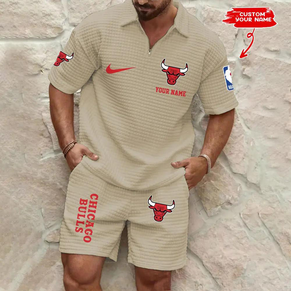 Chicago Bulls Men’s Waffle Pattern Half Zipper Shirt And Shorts AZBT2DWSS000039