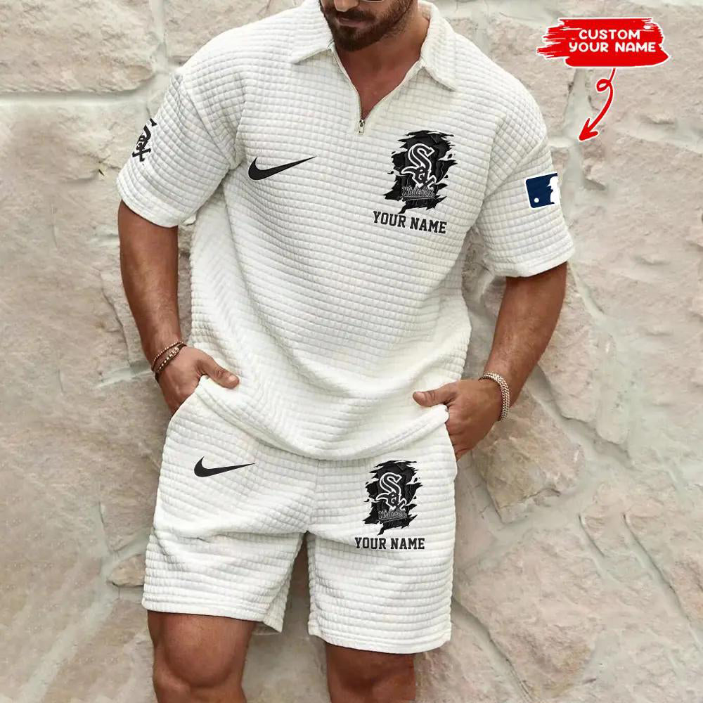 Chicago White Sox Men’s Waffle Pattern Half Zipper Shirt And Shorts AZBT2DWSS000041